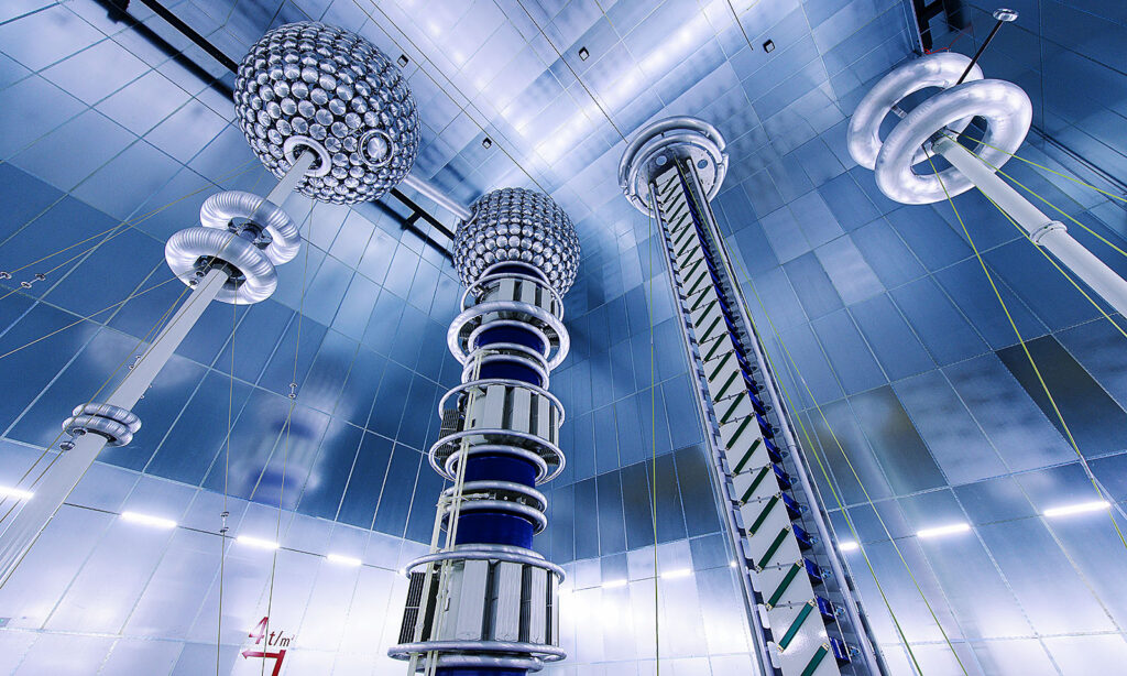 High voltage testing system used for electrical grid and cable testing in a specialized testing laboratory